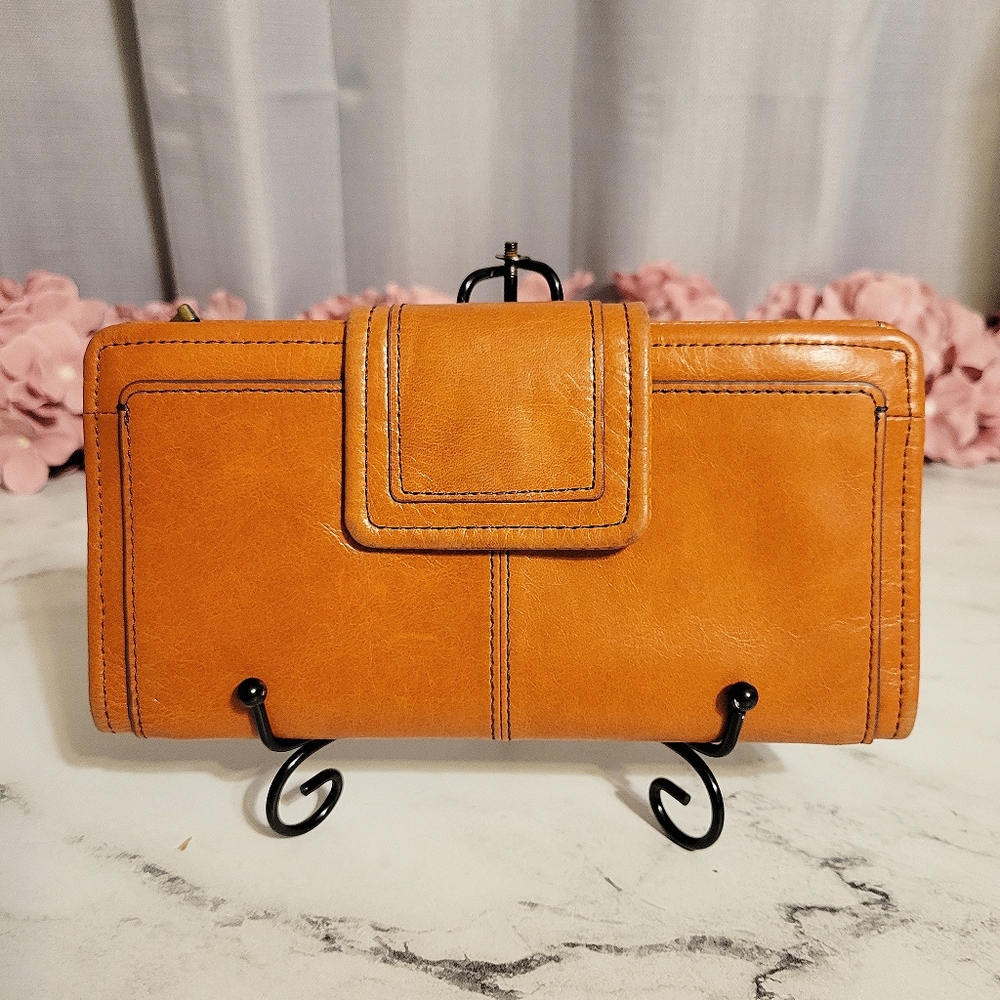 HOBO Burnt Orange Leather Wallet w/Black Contrast Stitching & Wanderlust Lining